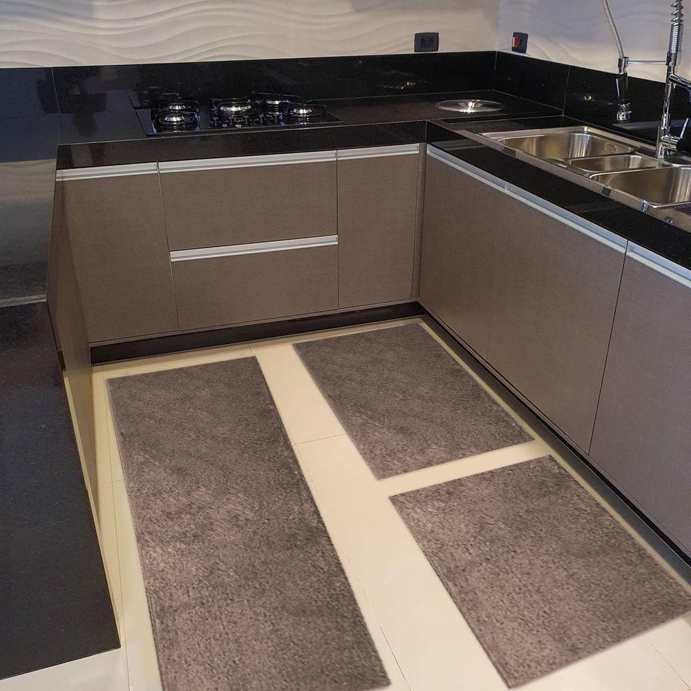 Kit Cozinha 3 Pçs Classic Tapete Passadeira Shaggy Antider Marrom - 3
