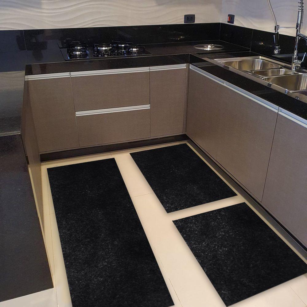 Kit Cozinha 3 Pçs Tapete Passadeira Em Carpete Aveludado Preto - 3