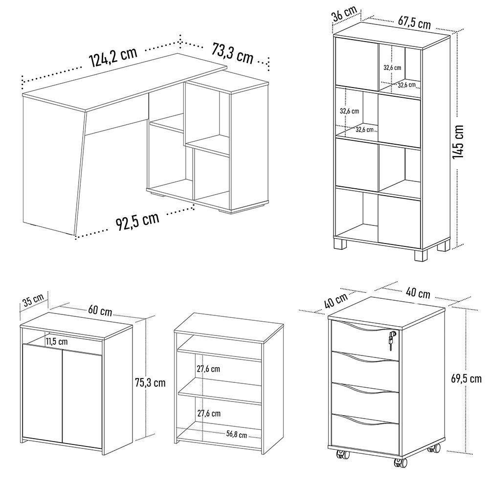 Conjunto Escritório Home Office 4 Peças Look A06 Branco/ipê - Mpozenato - 4