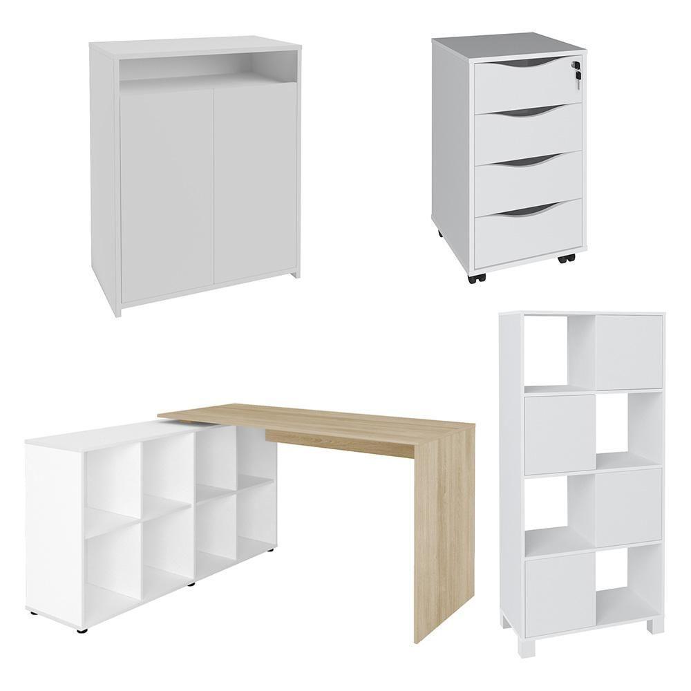 Conjunto Escritório Home Office 4 Peças Mity A06 Branco/carvalho - Mpozenato - 1