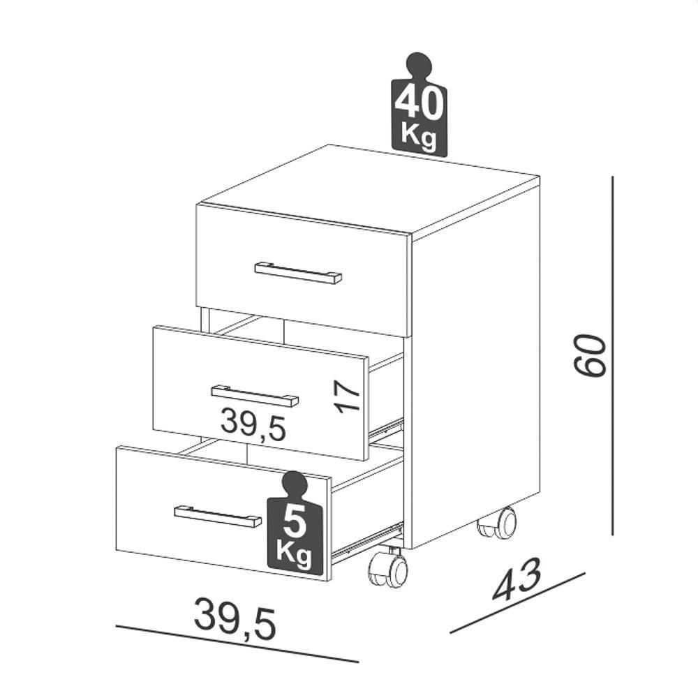 Gaveteiro Com Rodízios 3 Gavetas Estilo Industrial F16 Freijó - Pradel - 4