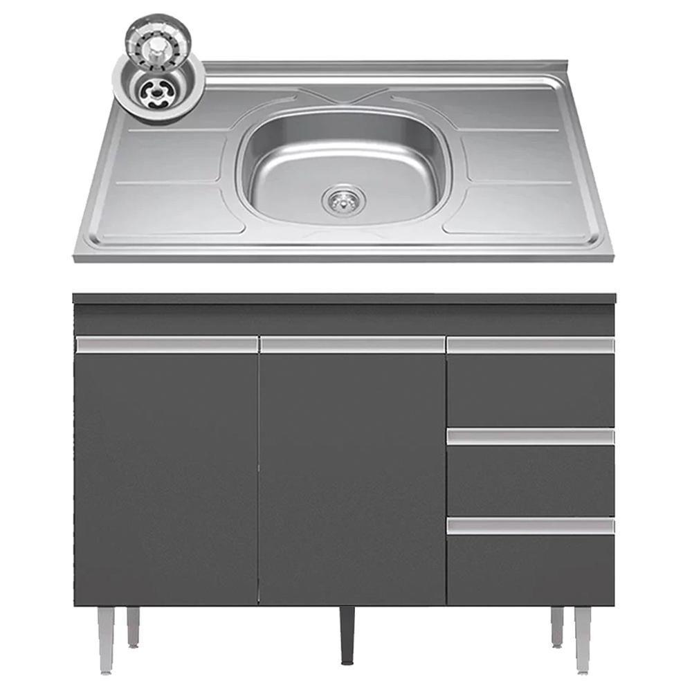 Balcão Gabinete Com Pia Inox 120cm Andréia 2 Portas Cinza - Ajl Móveis - 1