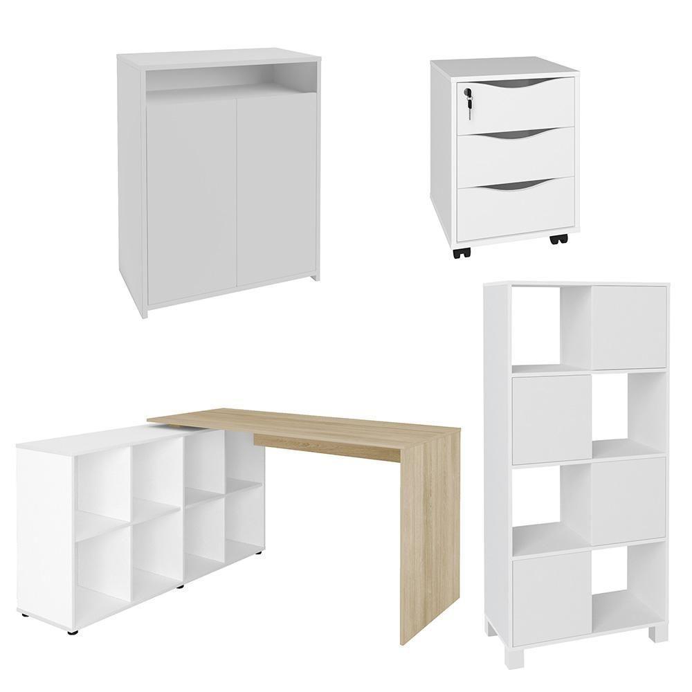 Conjunto Escritório Home Office 4 Peças Side A06 Branco/carvalho - Mpozenato - 1