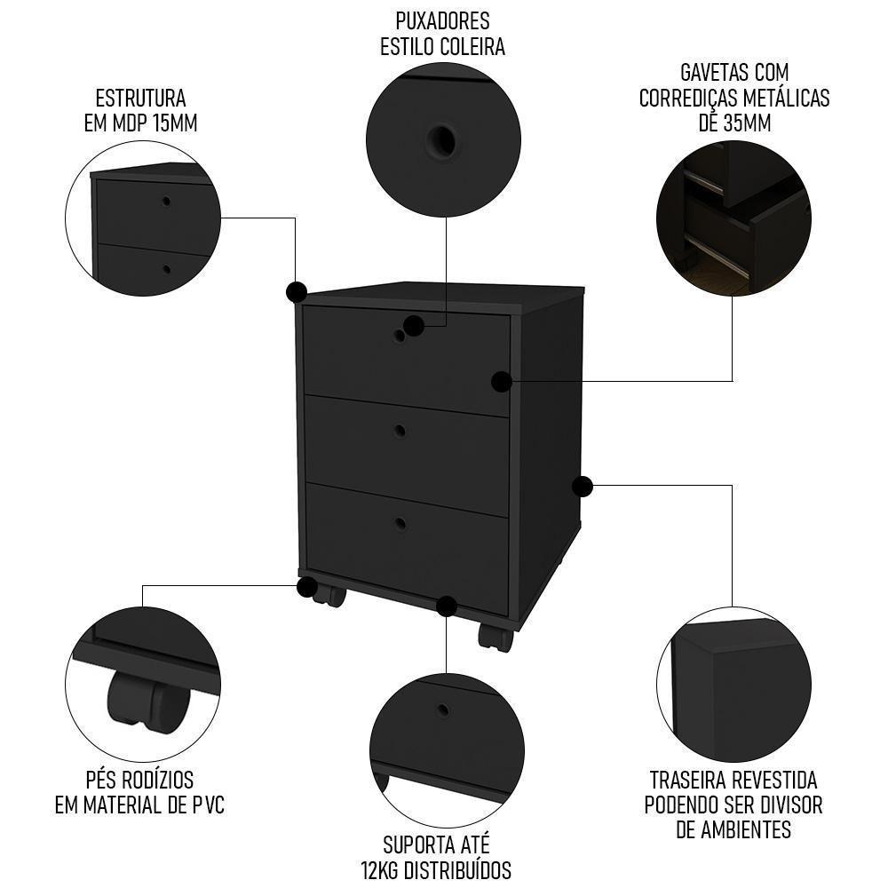 Conjunto Escritório Home Office 4 Peças Nil A06 Preto - Mpozenato - 7