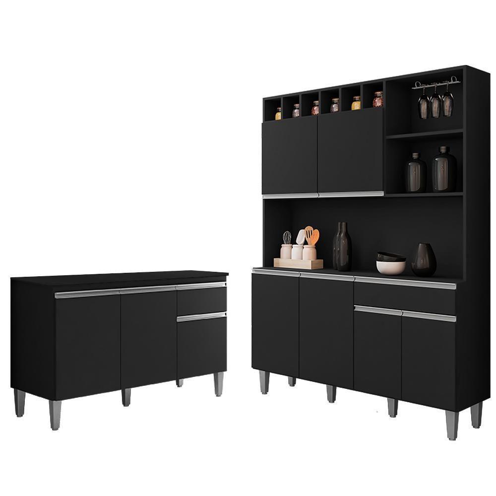 Cozinha Compacta Alice E Balcão Gabinete Com Tampo Tatiane 120cm Preto - Ajl Móveis - 1
