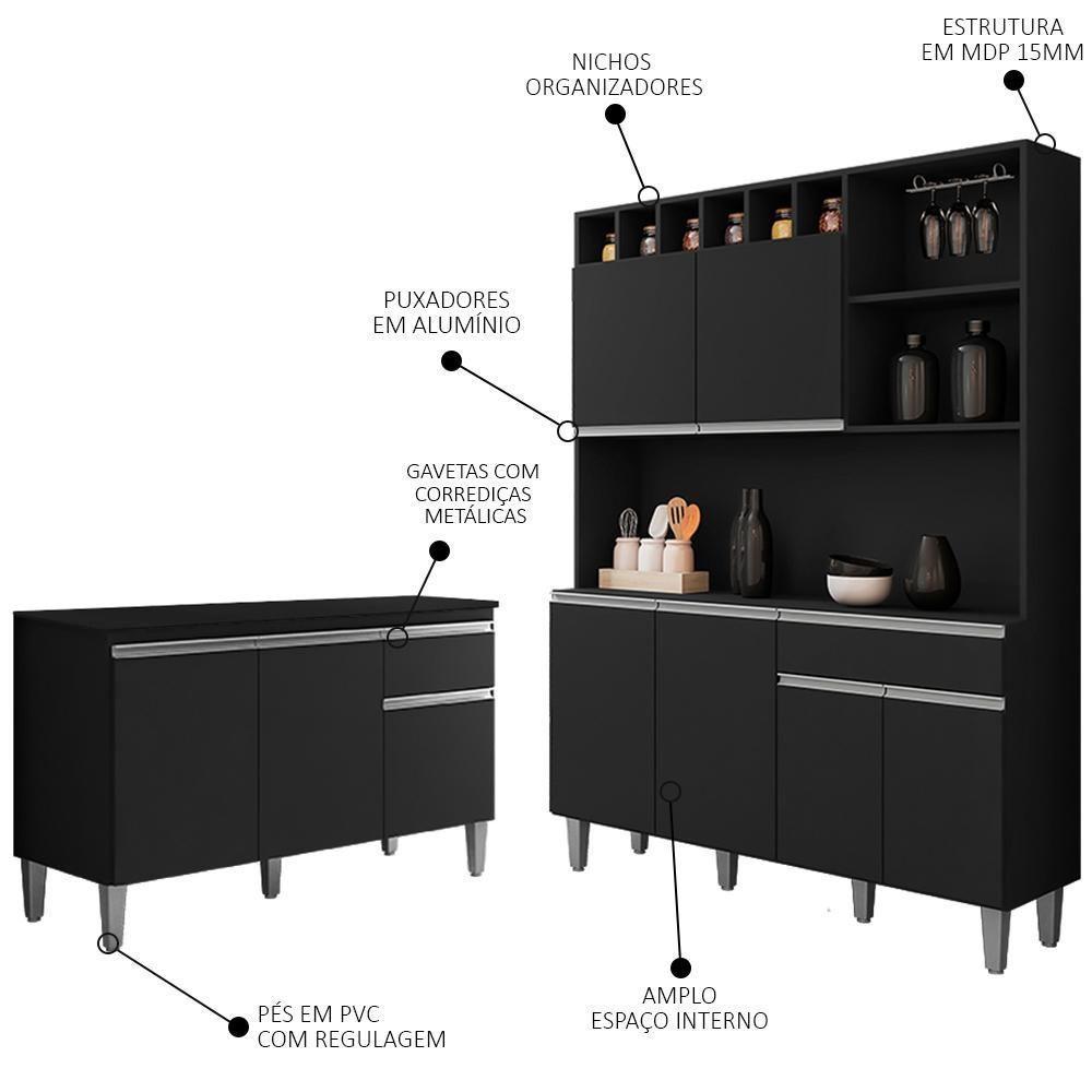 Cozinha Compacta Alice E Balcão Gabinete Com Tampo Tatiane 120cm Preto - Ajl Móveis - 3