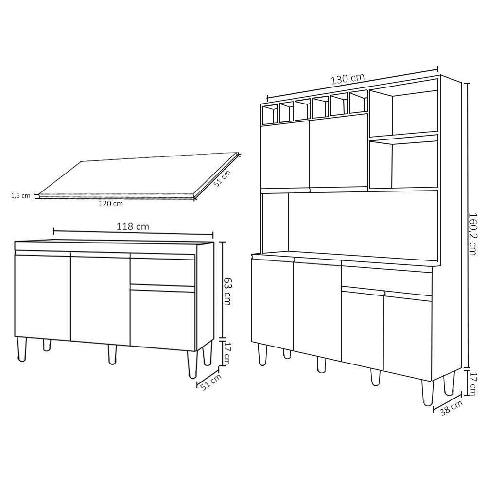 Cozinha Compacta Alice E Balcão Gabinete Com Tampo Tatiane 120cm Preto - Ajl Móveis - 4