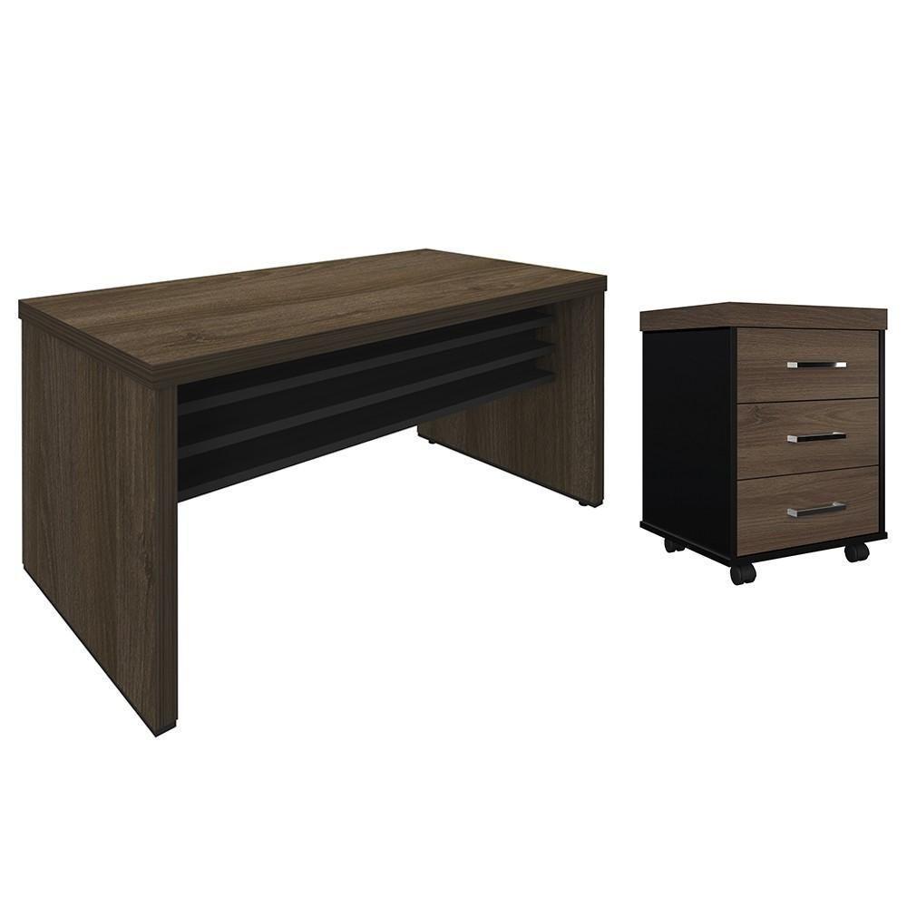 Mesa Para Escritório 160cm E Gaveteiro Com Rodízios Corp A06 Charuto/preto - Mpozenato - 1
