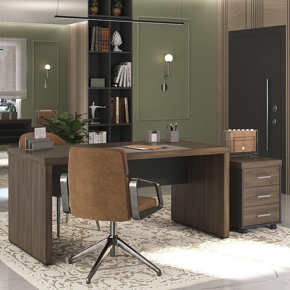 Mesa Para Escritório 160cm E Gaveteiro Com Rodízios Corp A06 Charuto/preto - Mpozenato - 2