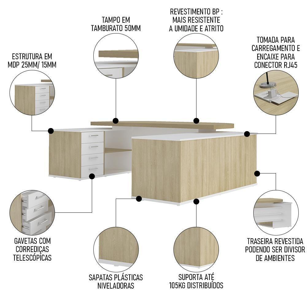 Conjunto Escritório Home Office 3 Peças Mesa Em U Corp A06 Carvalho/branco - Mpozenato - 3