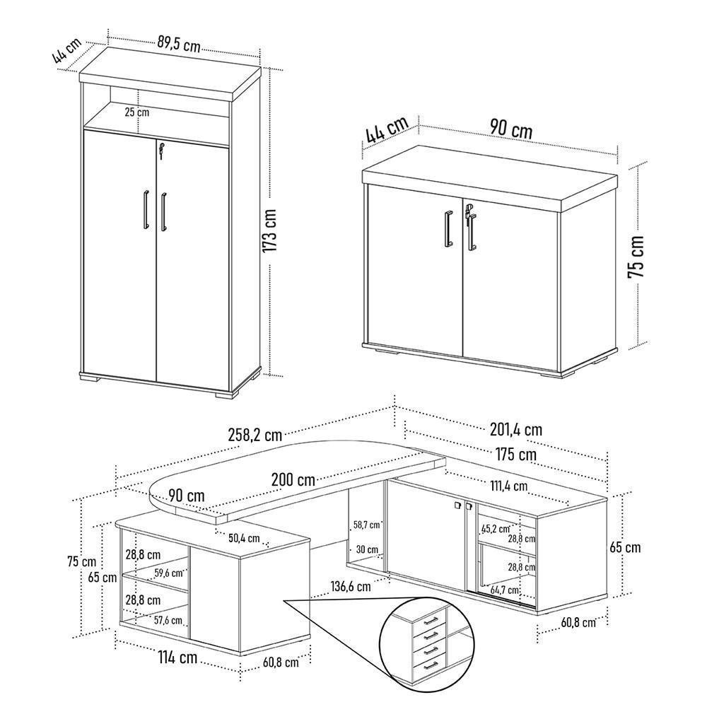 Conjunto Escritório Home Office 3 Peças Mesa Em U Corp A06 Carvalho/branco - Mpozenato - 4