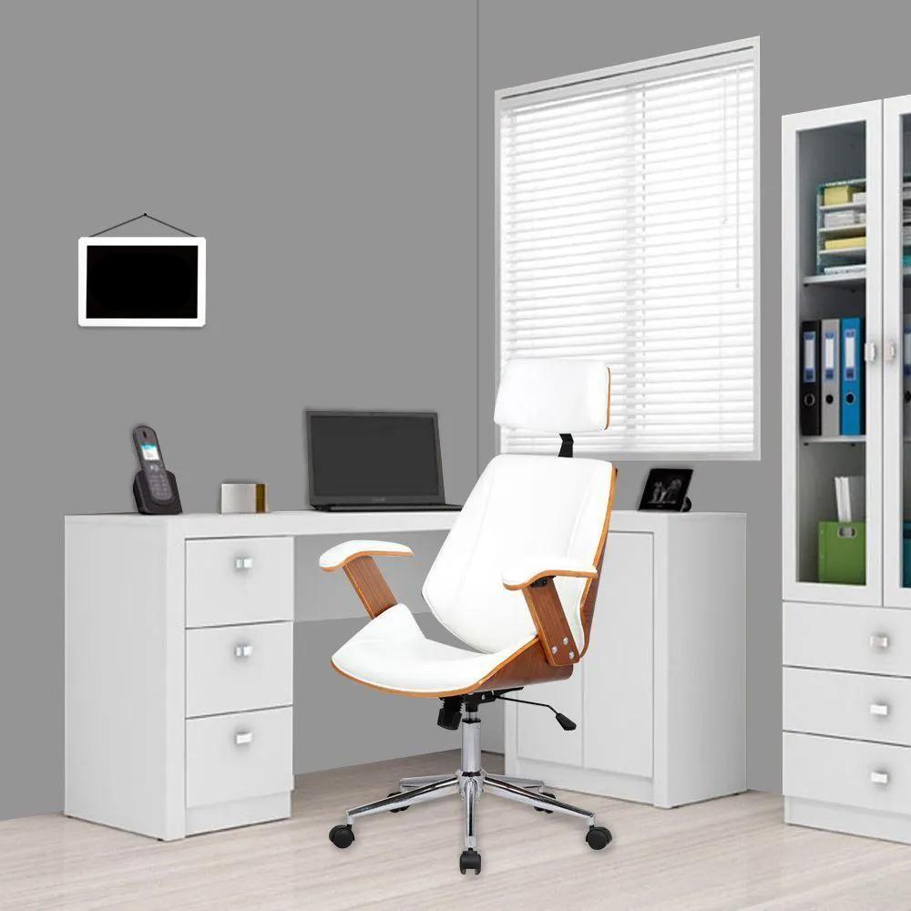 Cadeira De Escritório Presidente Giratória Madeira Liziê R02 Sintético Branco - Mpozenato - 2