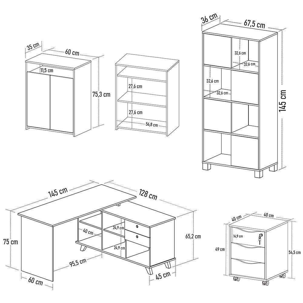 Conjunto Escritório Home Office 4 Peças Golden A06 Olmo/branco - Mpozenato - 5