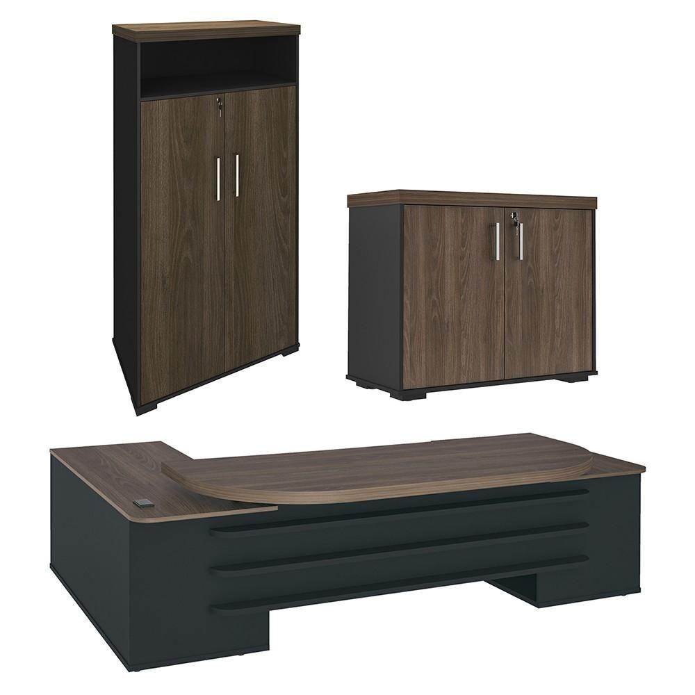 Conjunto Escritório Home Office 3 Peças Mesa Em U Corp A06 Charuto/preto - Mpozenato - 1