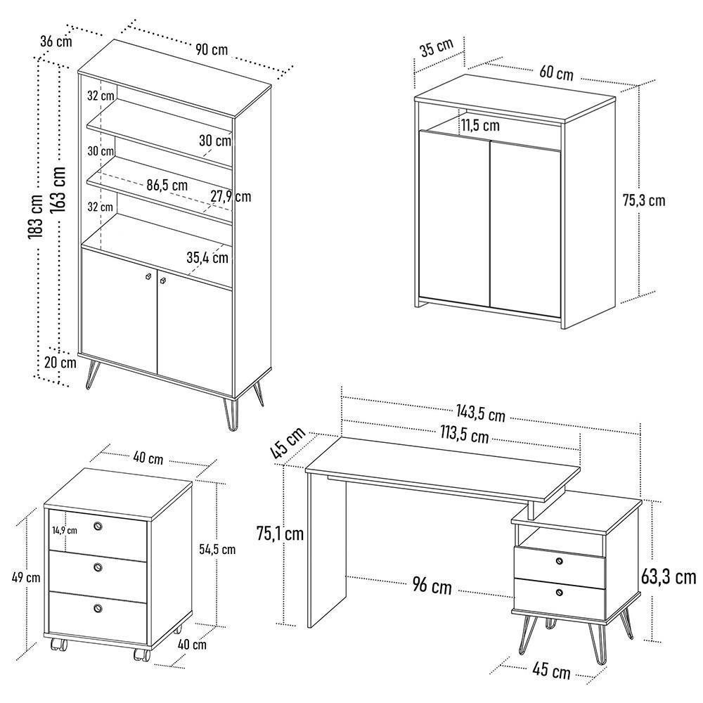 Conjunto Escritório Home Office 4 Peças Lux Industrial A06 Freijó/preto - Mpozenato - 4