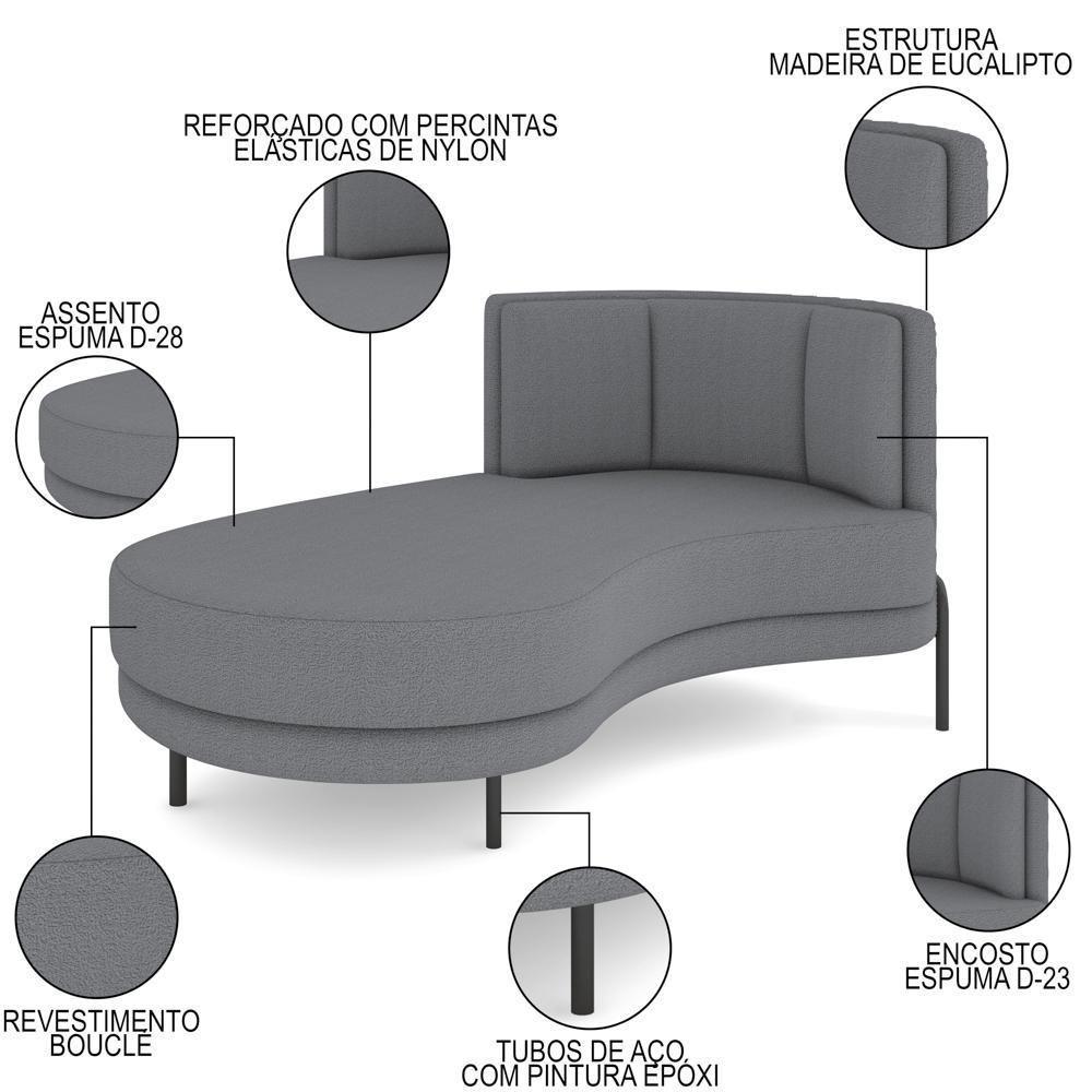 Chaise Longue Divã 164cm Braço Direito Logus D06 Bouclê Cinza - Mpozenato - 3