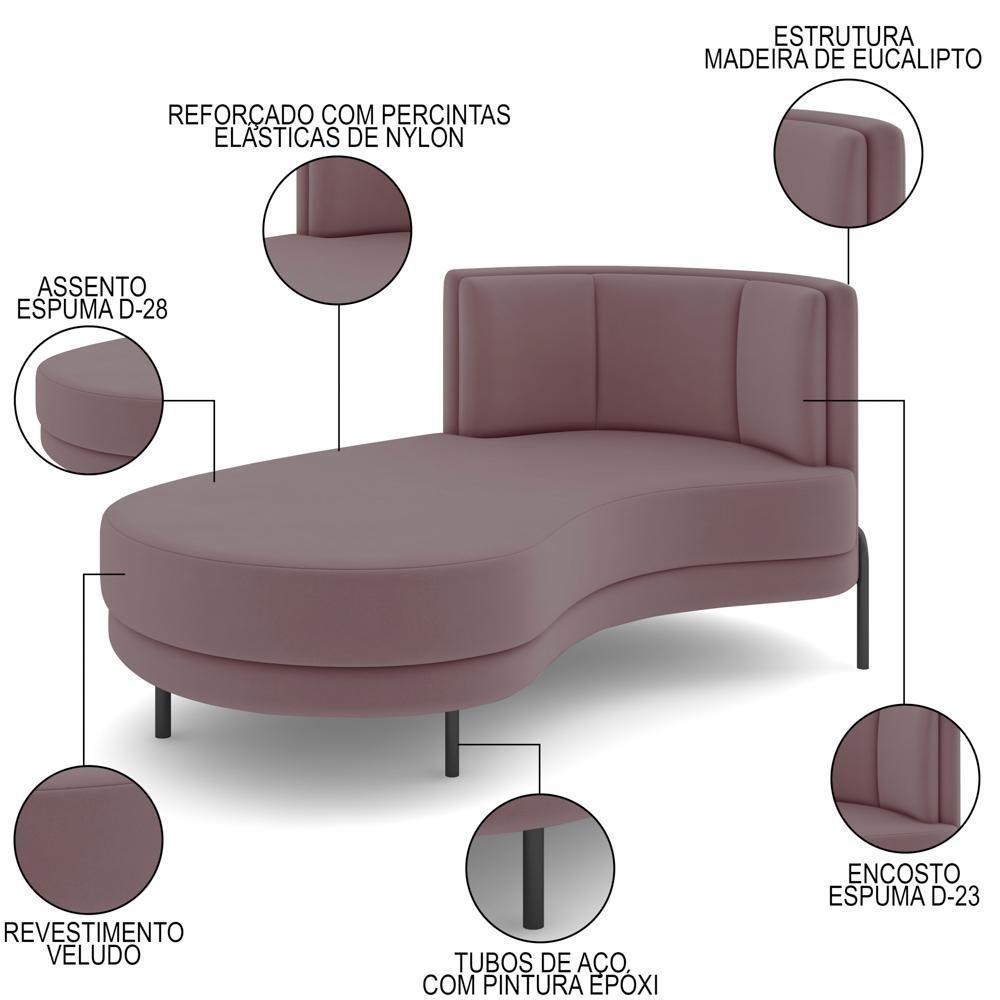 Chaise Longue Divã 164cm Braço Direito Logus D06 Veludo Rosê - Mpozenato - 3