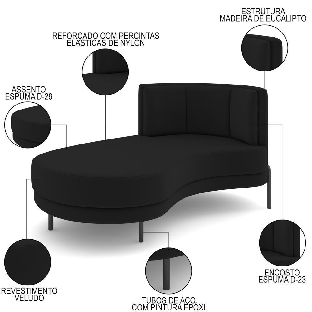 Chaise Longue Divã 164cm Braço Direito Logus D06 Veludo Preto - Mpozenato - 3