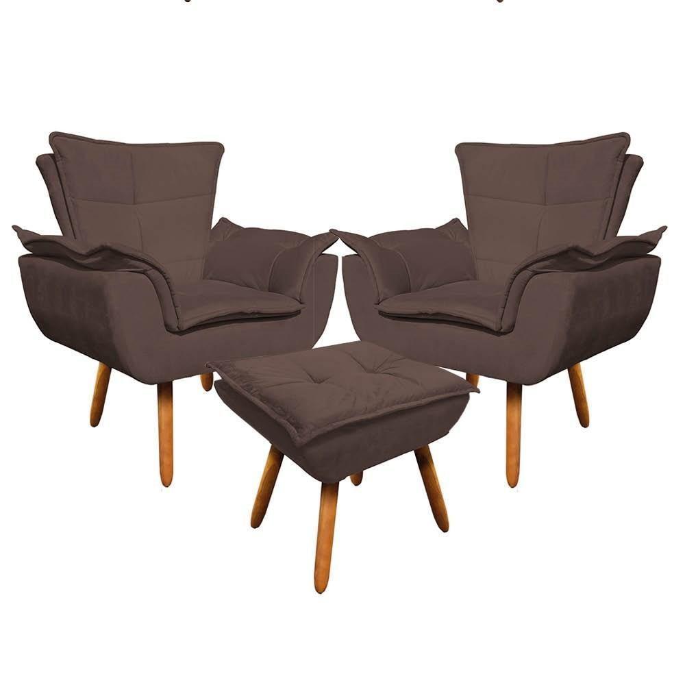 Kit 2 Poltronas Decorativas Pés Palito Com Puff Opla Suede Marrom - Ibiza - 1