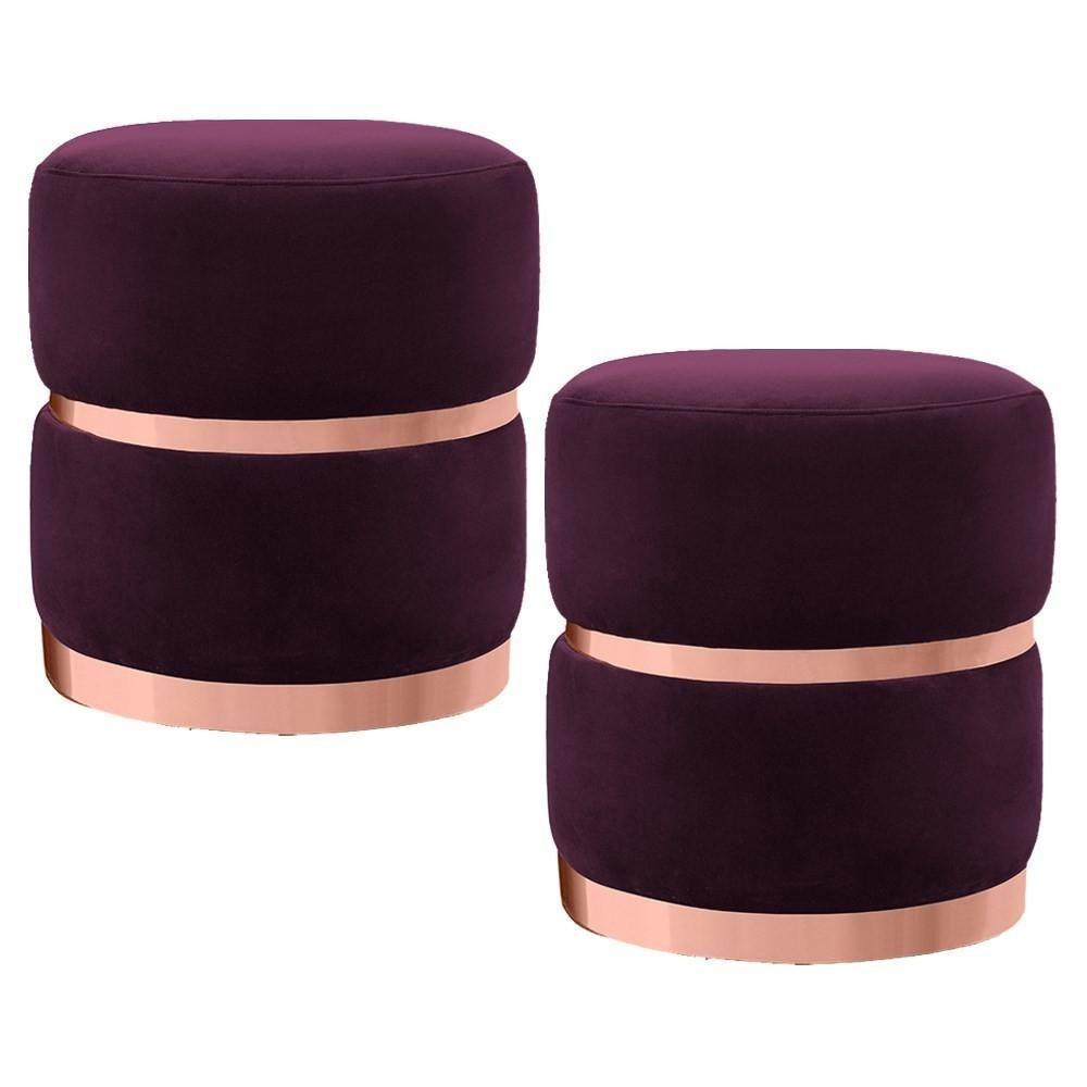 Kit 2 Puffs Decorativos Com Cinto E Aro Rosê Round C-292 Veludo Uva - Domi - 1