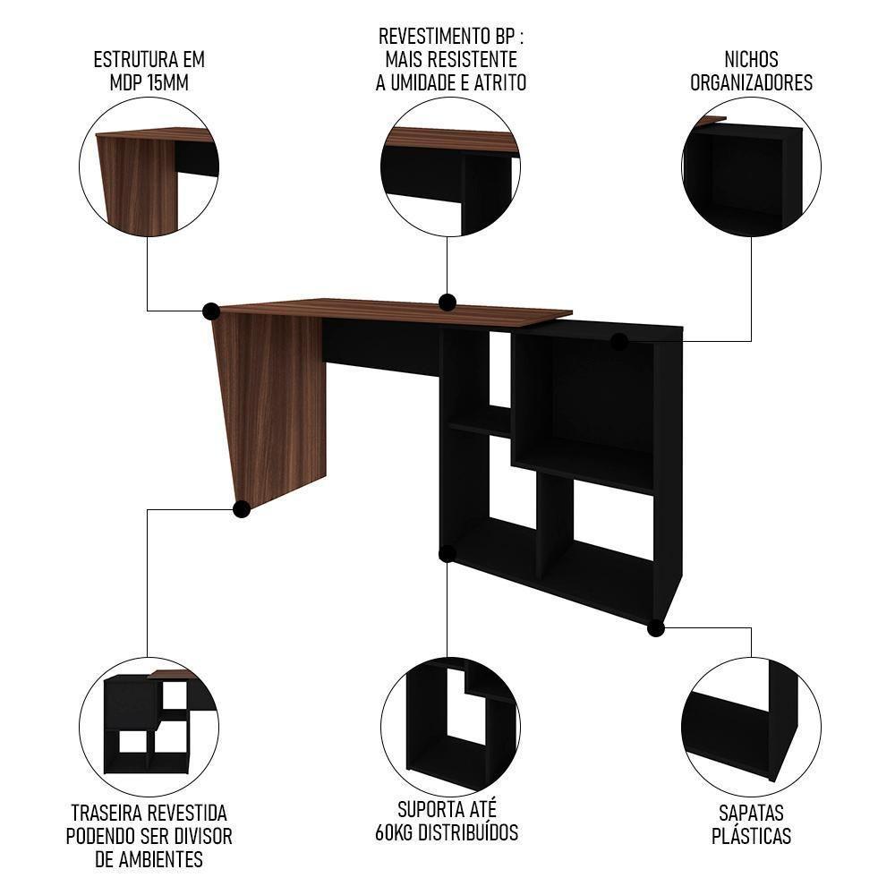 Mesa Escrivaninha 2 Em 1 Com Nichos Arbo A06 Ipê/preto - Mpozenato - 4