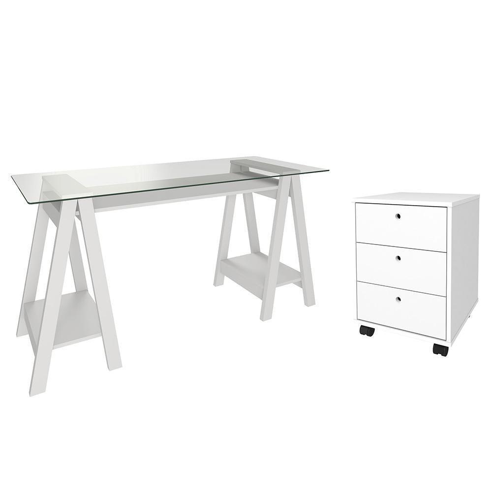 Mesa Escrivaninha 150cm Cris Tampo Vidro E Gaveteiro 3 Gavetas Nil A06 Branco - Mpozenato - 1