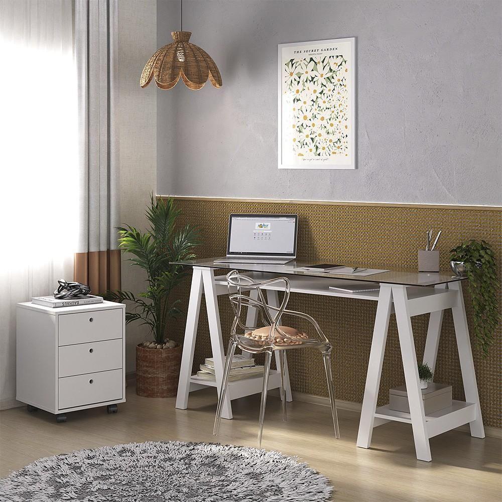 Mesa Escrivaninha 150cm Cris Tampo Vidro E Gaveteiro 3 Gavetas Nil A06 Branco - Mpozenato - 2