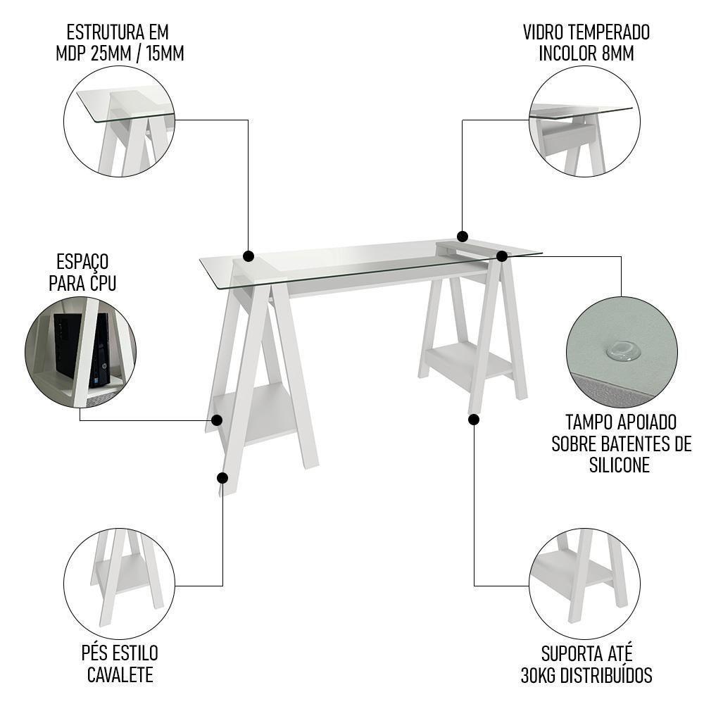 Mesa Escrivaninha 150cm Cris Tampo Vidro E Gaveteiro 3 Gavetas Nil A06 Branco - Mpozenato - 3