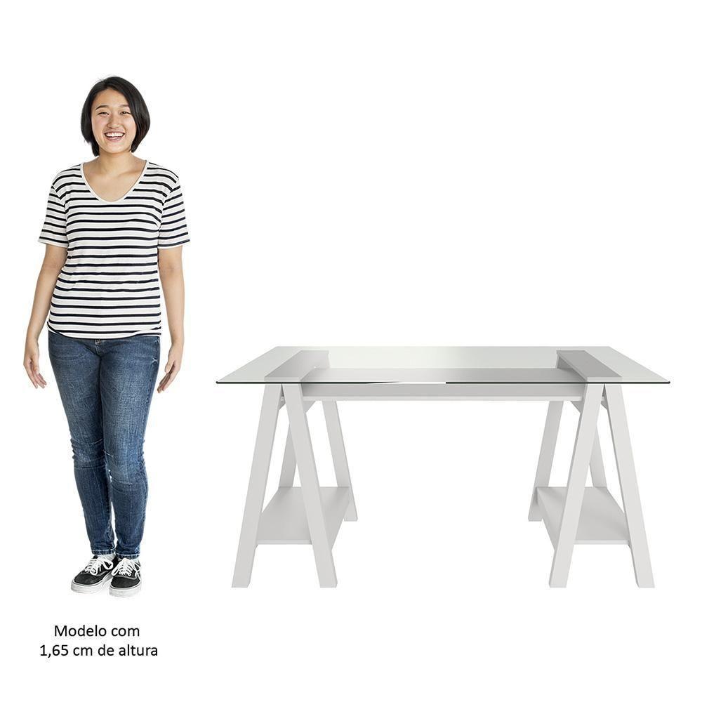 Mesa Escrivaninha 150cm Cris Tampo Vidro E Gaveteiro 3 Gavetas Nil A06 Branco - Mpozenato - 6