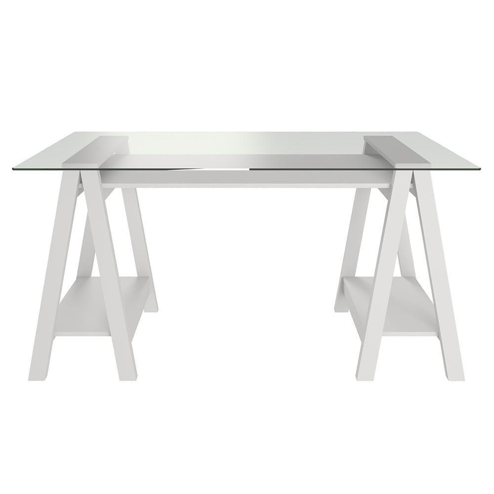 Mesa Escrivaninha 150cm Cris Tampo Vidro E Gaveteiro 3 Gavetas Nil A06 Branco - Mpozenato - 9