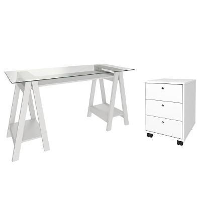 Mesa Escrivaninha Cris Contemporânea 3 Gavetas MDF com Tampo de Vidro e Gaveteiro Branco