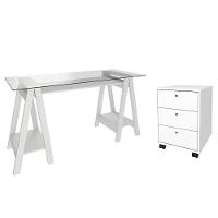 Mesa Escrivaninha 150cm Cris Tampo Vidro E Gaveteiro 3 Gavetas Nil A06 Branco - Mpozenato - 1