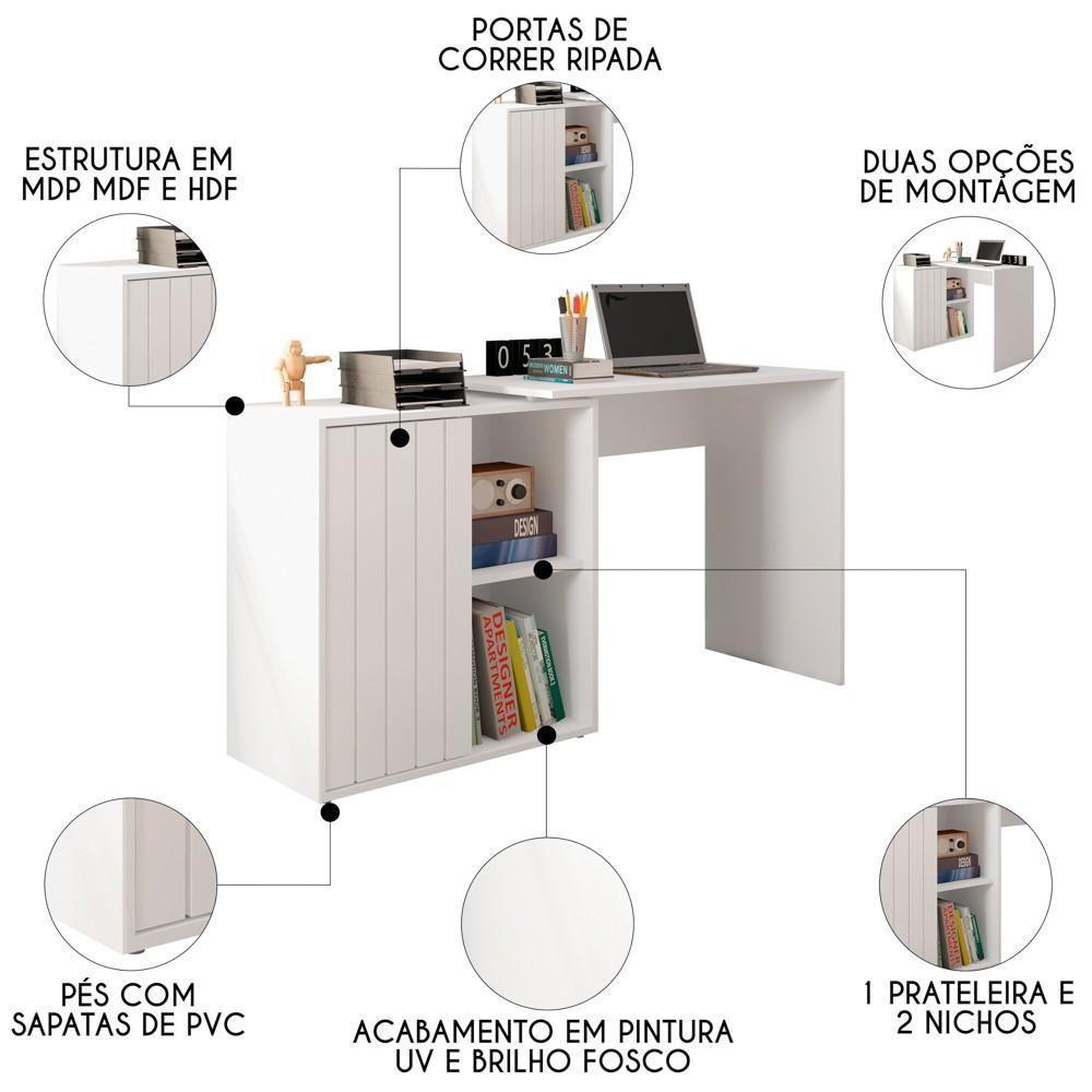 Mesa Para Escritório Home Office 1 Porta Ripada Tech Branco Fosco - Caemmun - 3