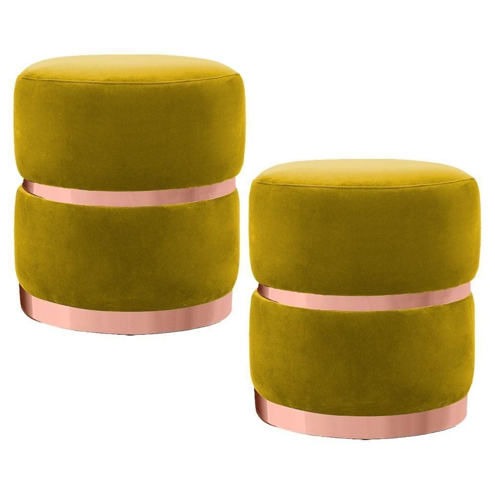 Kit 2 Puffs Decorativos Com Cinto E Aro Rosê Round C-279 Veludo Amarelo - Domi - 1