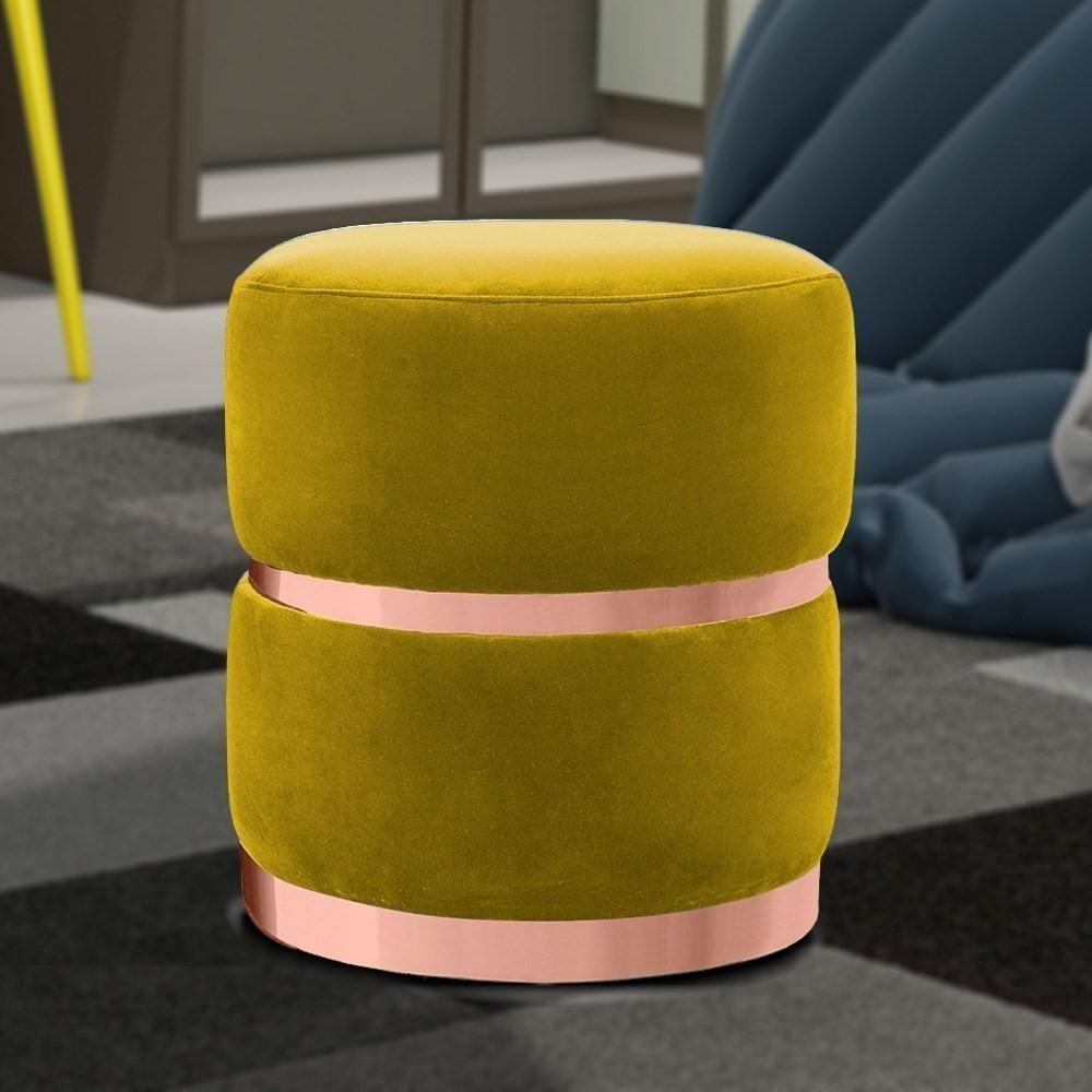 Kit 2 Puffs Decorativos Com Cinto E Aro Rosê Round C-279 Veludo Amarelo - Domi - 2