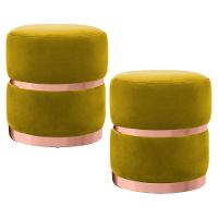 Kit 2 Puffs Decorativos Com Cinto E Aro Rosê Round C-279 Veludo Amarelo - Domi - 1