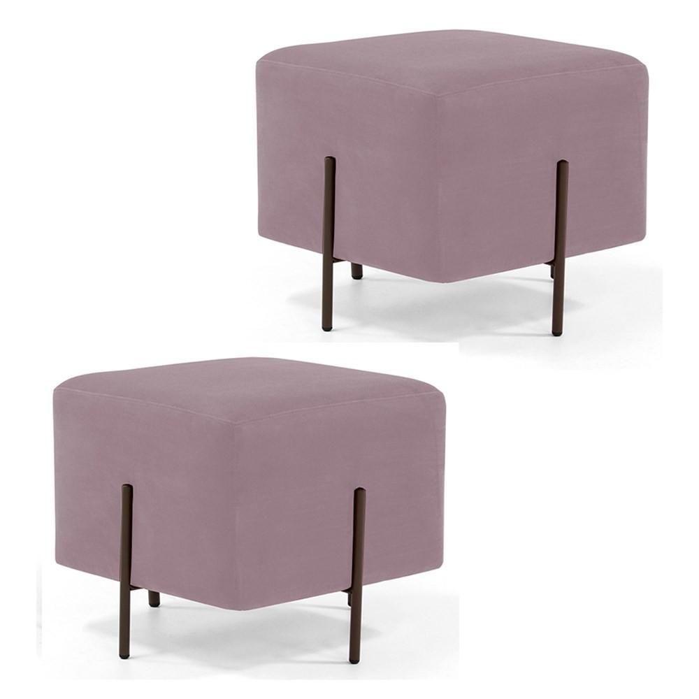 Kit 2 Puffs Decorativos 45cm Base Aço Status C-305 Veludo Rosê - Domi - 1