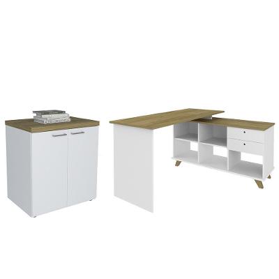 Mesa Escrivaninha em l Golden e Balcão Tok A06 Moderno 2 Gavetas MDF 145cm Branco