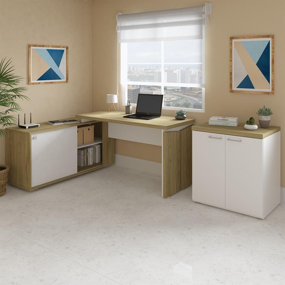 Mesa Escrivaninha Em L Sharp E Balcão 70cm 2 Portas Tok A06 Olmo/branco - Mpozenato - 2