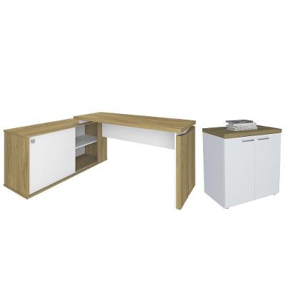 Mesa Escrivaninha em l Sharp e Balcão 70cm Tok A06 Moderna MDF 168.5cm Branco e Olmo