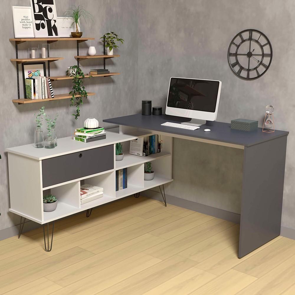 Mesa Escrivaninha Em L Estilo Industrial Dhabi A06 Branco/grafito - Mpozenato - 3