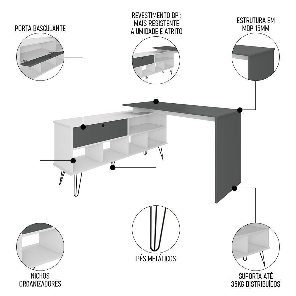 Mesa Escrivaninha Em L Estilo Industrial Dhabi A06 Branco/grafito - Mpozenato - 4