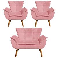 Kit Namoradeira 2 Lugares E 2 Poltronas Decorativas Pés Palito Opla Suede Rosê - Ibiza - 1