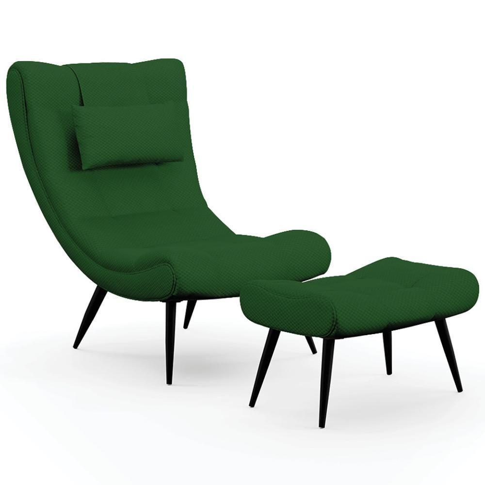 Kit Poltrona E Puff Para Sala De Estar Com Almofada E Pés Palito Lord Veludo Luxo Verde - Ibiza - 1