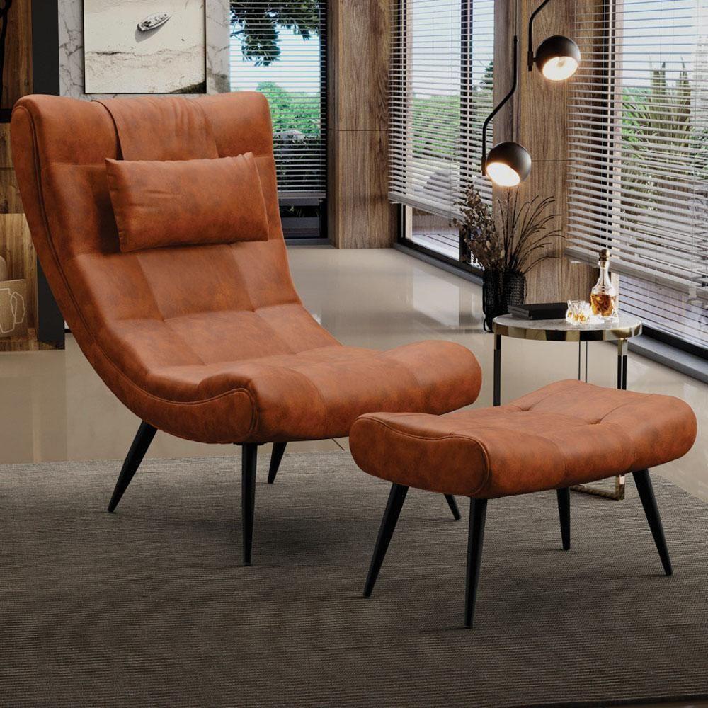 Kit Poltrona E Puff Para Sala De Estar Com Almofada E Pés Palito Lord Sintético Nozes - Ibiza - 2