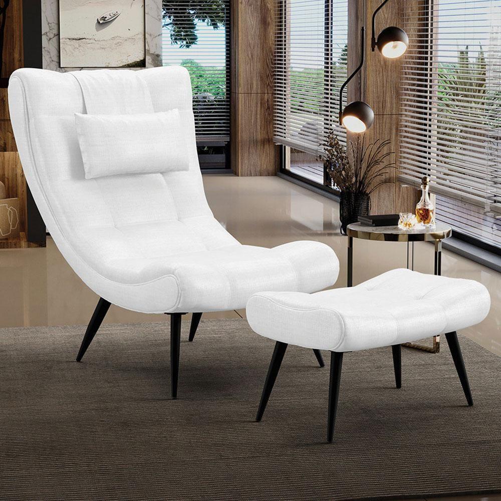 Kit Poltrona E Puff Para Sala De Estar Com Almofada E Pés Palito Lord Facto Dunas Branco - Ibiza - 2