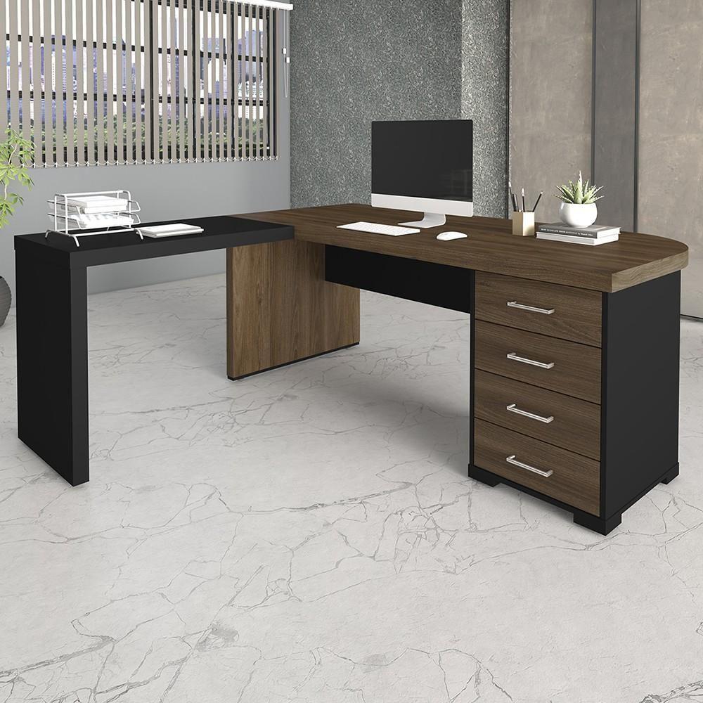 Mesa Para Escritório 4 Gavetas Lado Direito E Mesa Auxiliar Corp A06 Charuto/preto - Mpozenato - 2