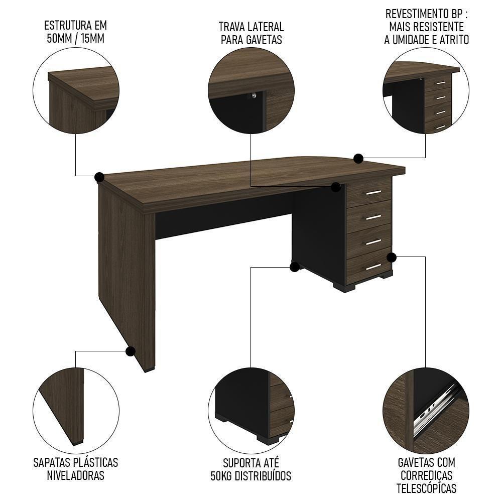 Mesa Para Escritório 4 Gavetas Lado Direito E Mesa Auxiliar Corp A06 Charuto/preto - Mpozenato - 3