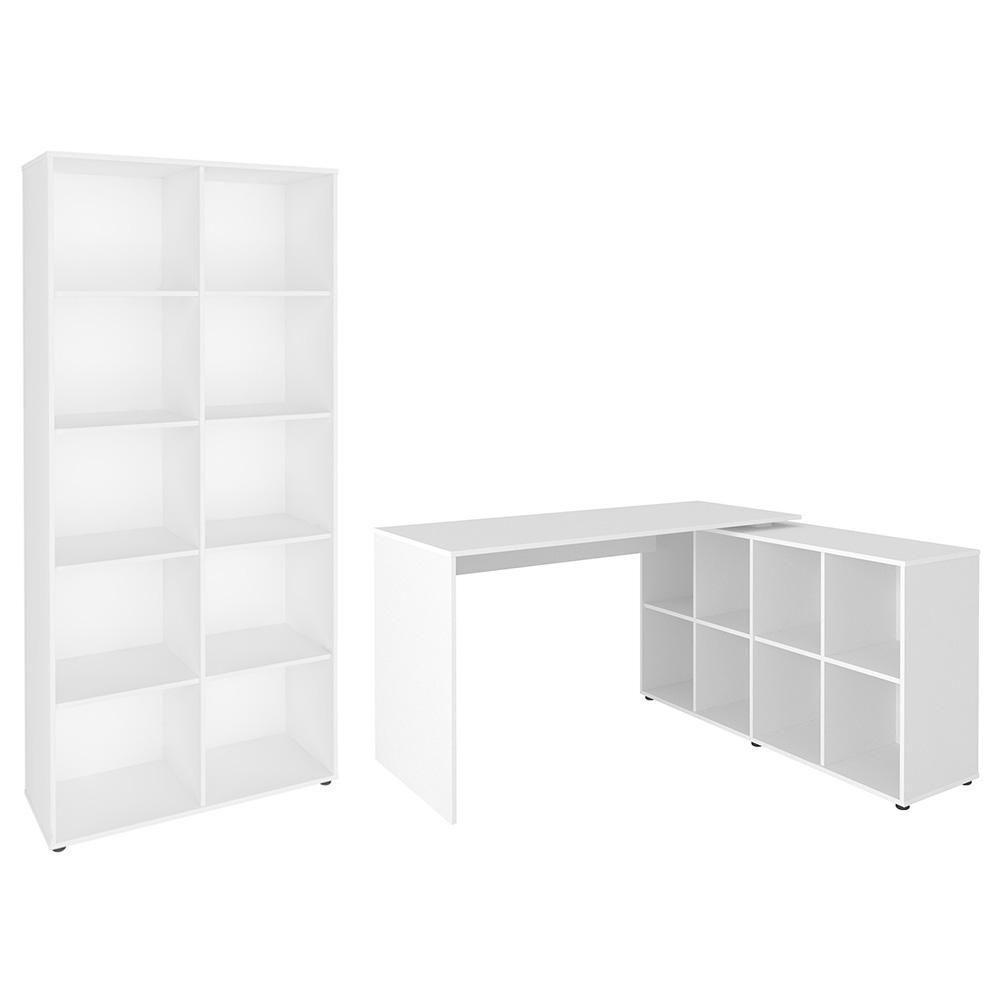 Mesa Escrivaninha Em L Eron E Estante Livreiro 90x187cm Lean A06 Branco - Mpozenato - 1