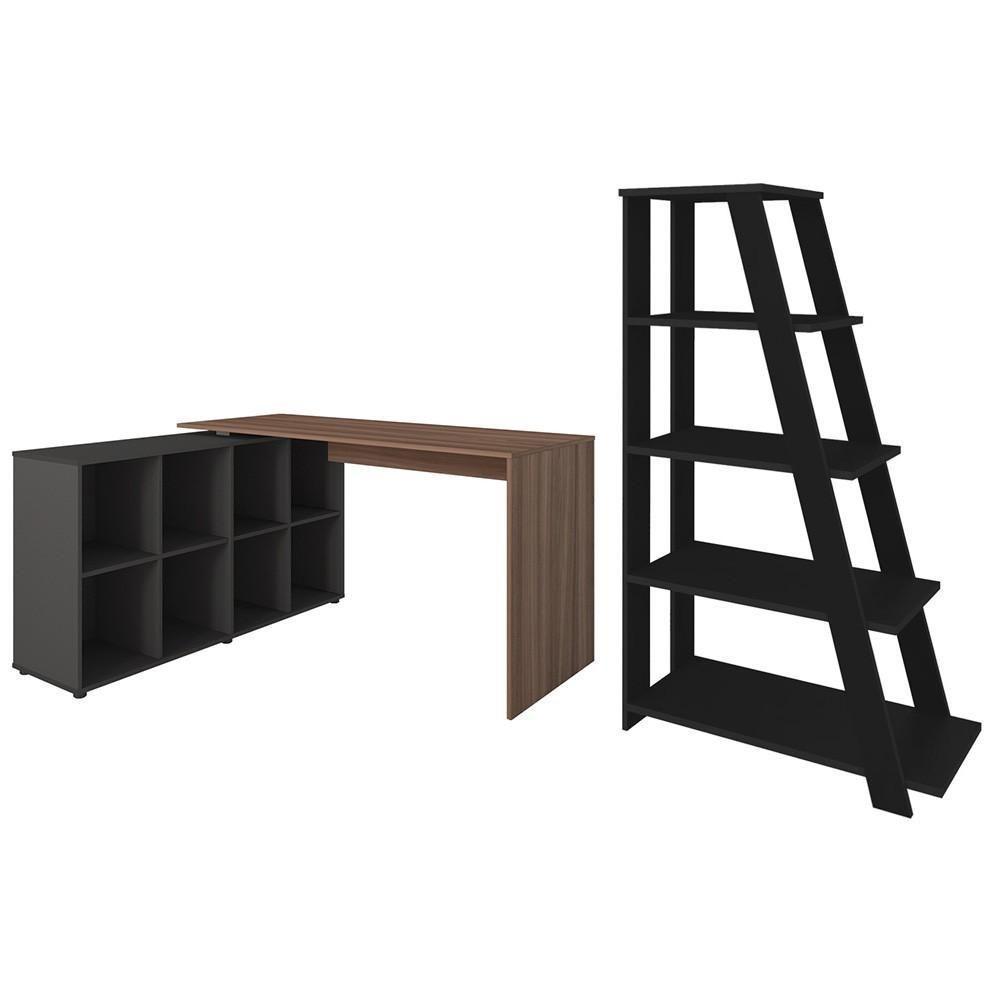 Mesa Escrivaninha Em L Eron E Estante Livreiro Stela A06 Freijó/preto - Mpozenato - 1